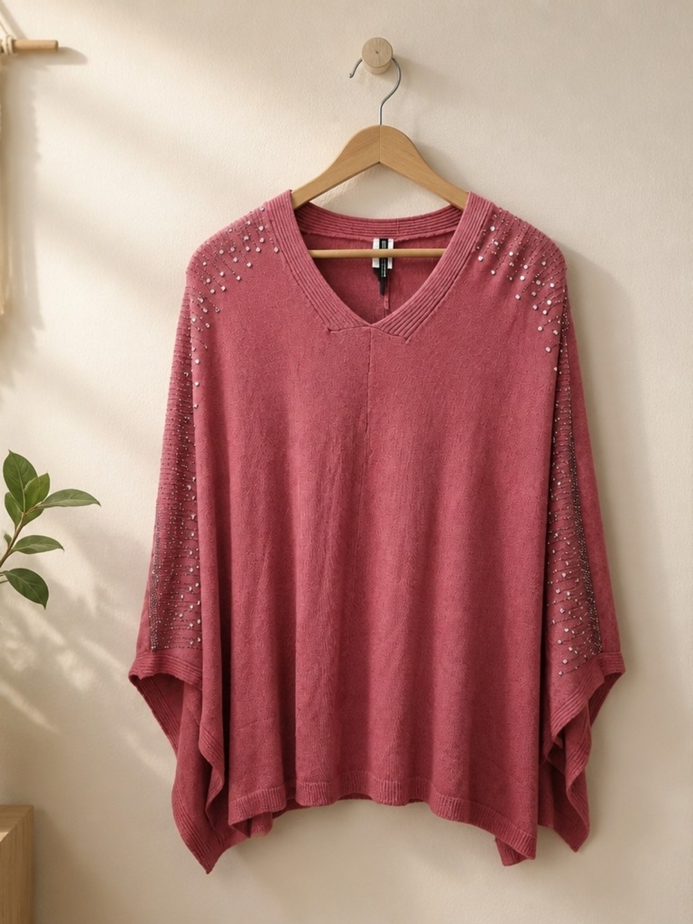 Beaded V-Neck Poncho Sweater in Rose